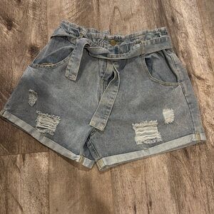 High waisted paper bag jean shorts